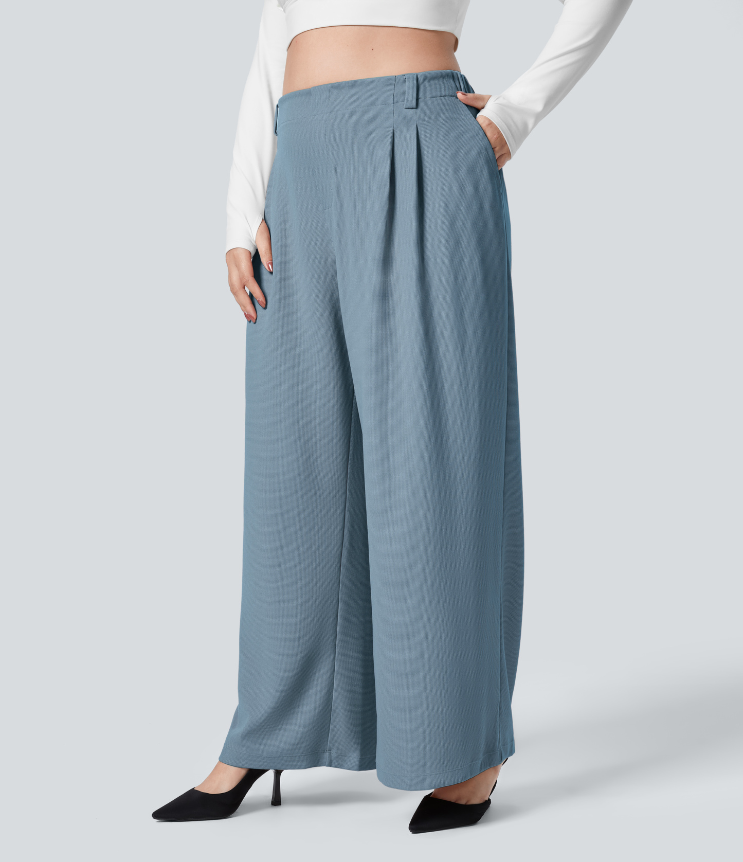 High Waisted Pocket Wide Leg Waffle Work Plus Size Pants