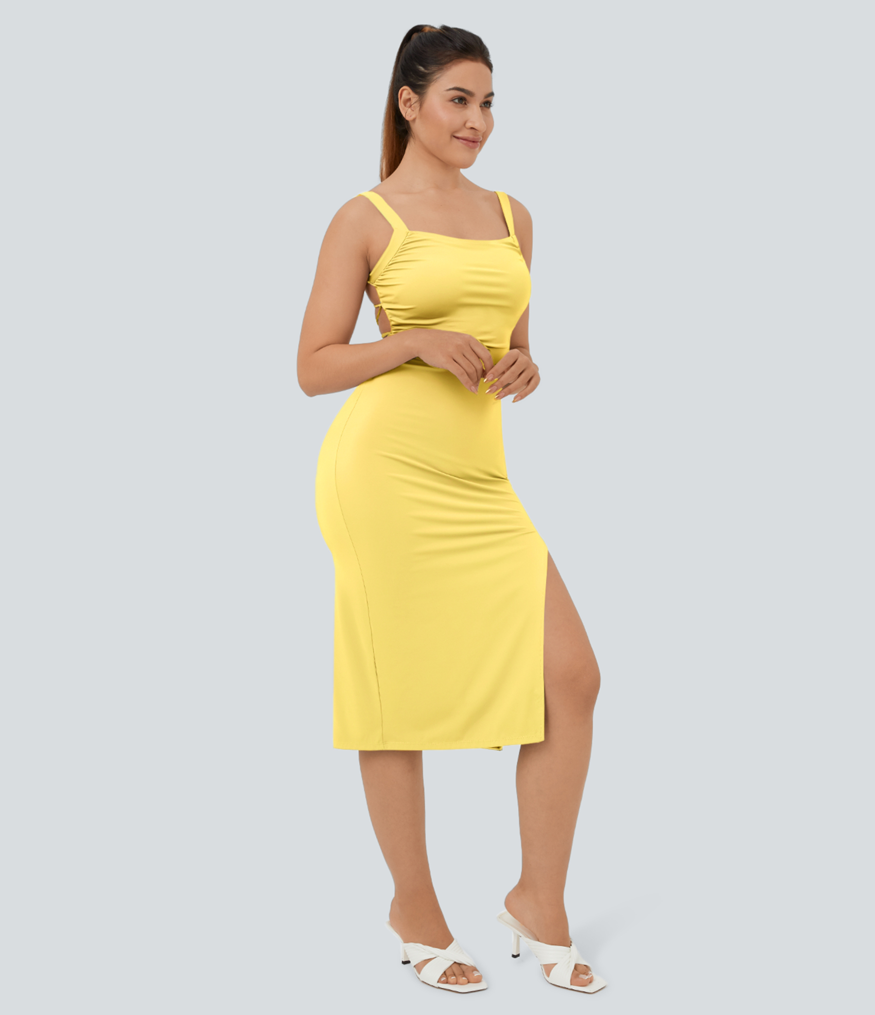 Ruched Lace Up Bodycon Midi Casual Dress