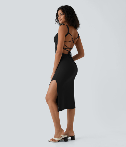 Ruched Lace Up Bodycon Midi Casual Dress