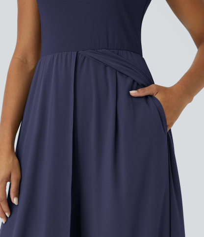 Zipper Sleeveless Pocket Contrast Quick Dry Jumpsuit