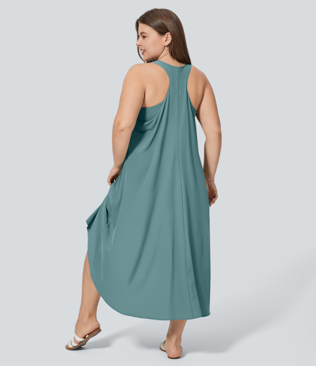 RacerPocket High Low Flowy Midi Quick Dry Casual Plus Size Dress
