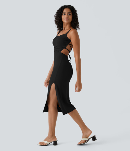 Ruched Lace Up Bodycon Midi Casual Dress