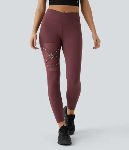 DayStretch High Waisted Crossover Contrast Mesh Decorative Buckle Yoga Leggings