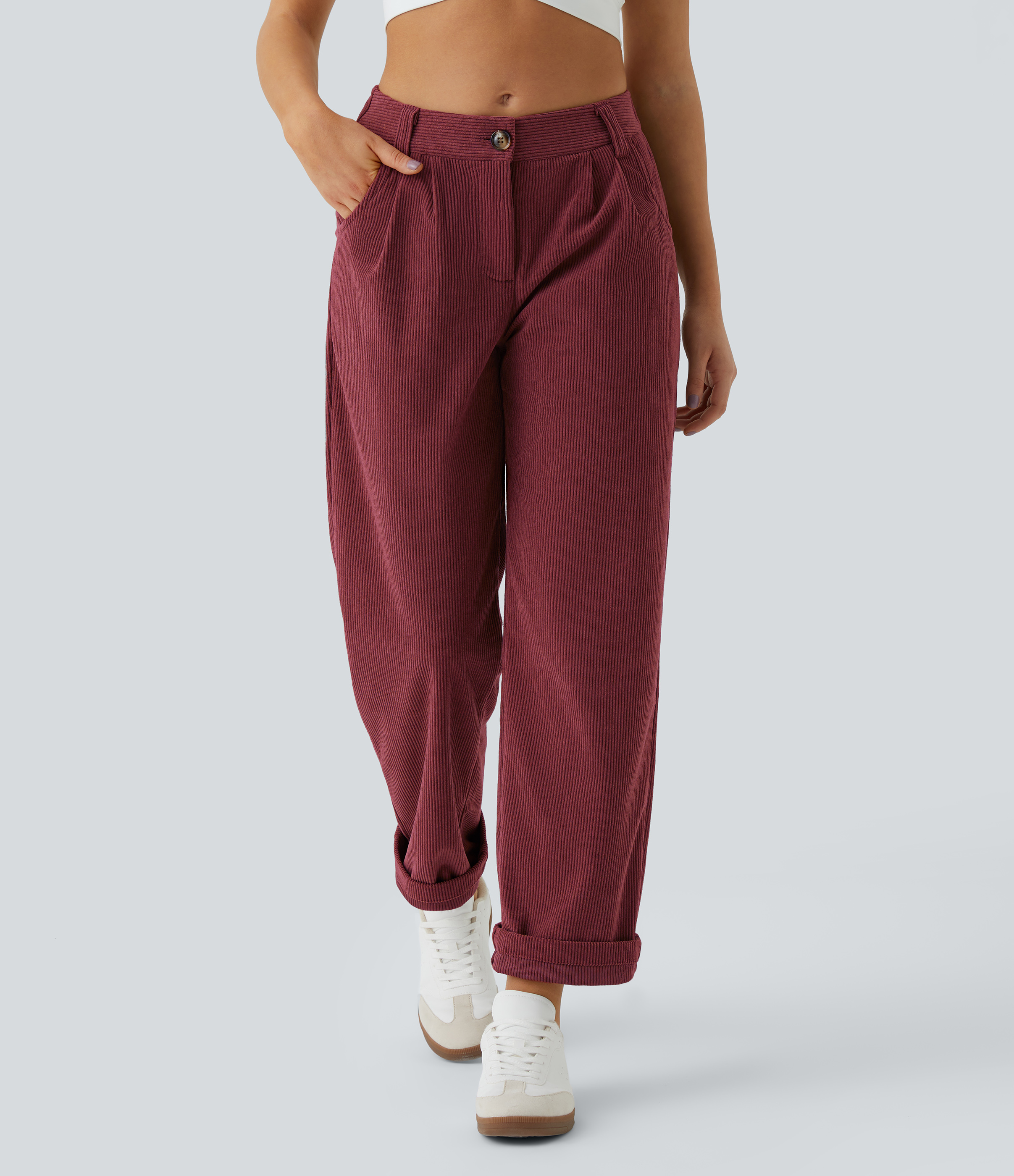 Mid Rise Zipper Pocket Corduroy Casual Pants