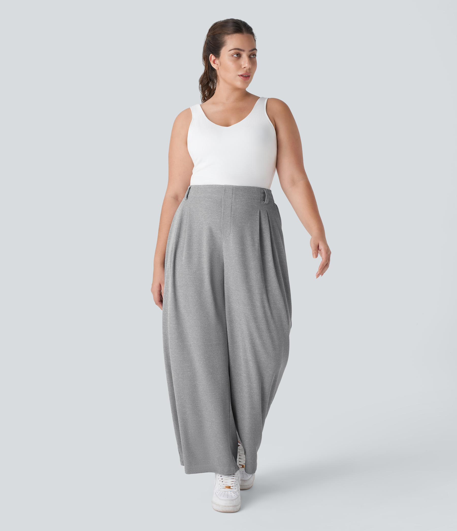 High Waisted Pocket Wide Leg Waffle Work Plus Size Pants