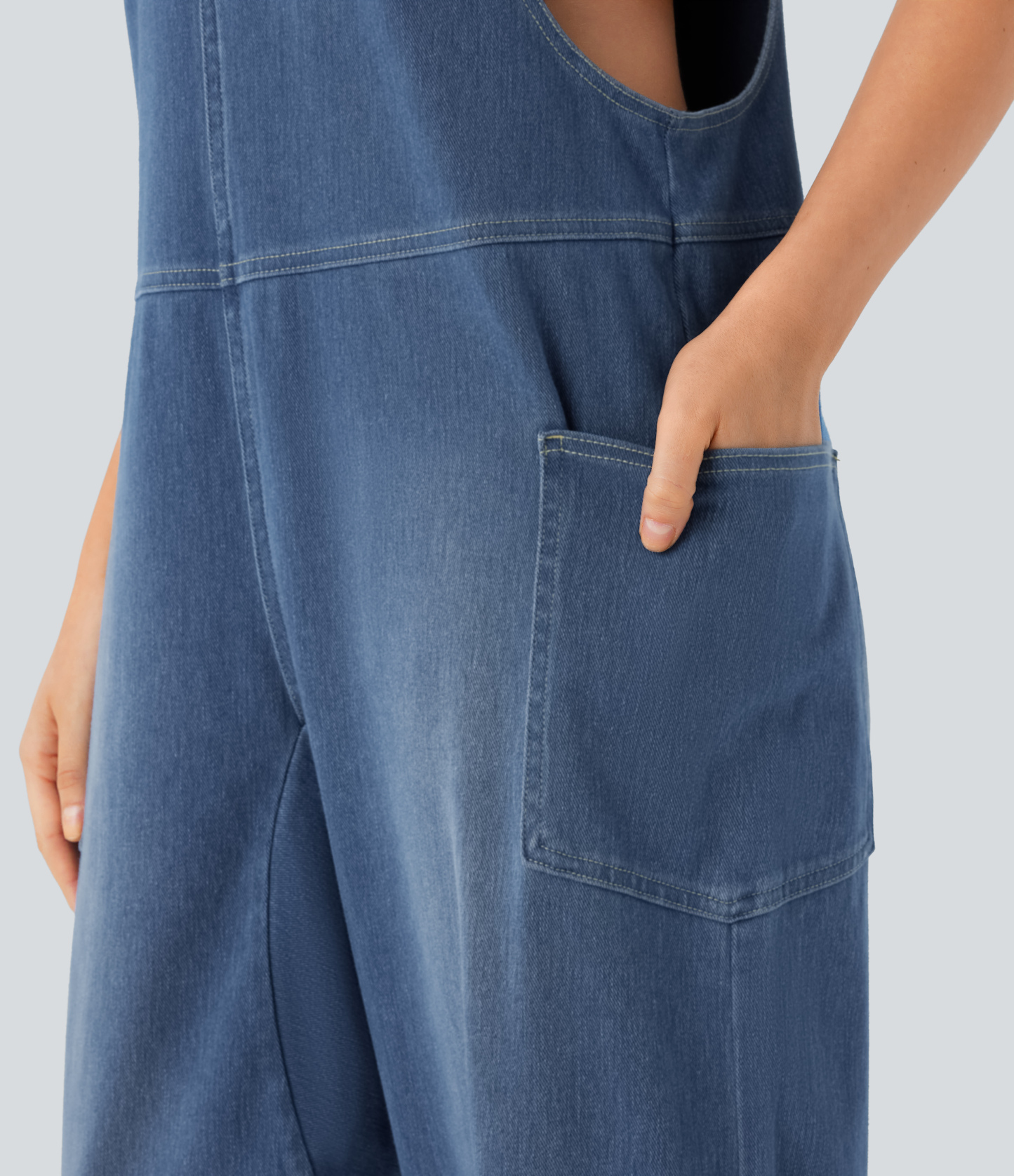 V Neck Pocket Washed Denim Casual Overalls
