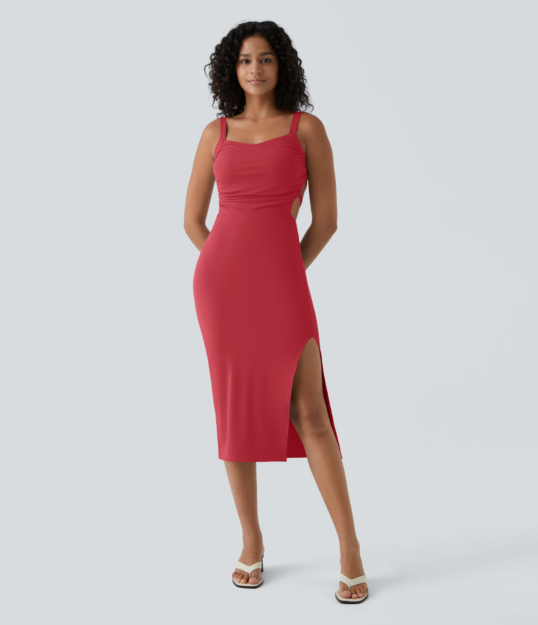 Ruched Lace Up Bodycon Midi Casual Dress