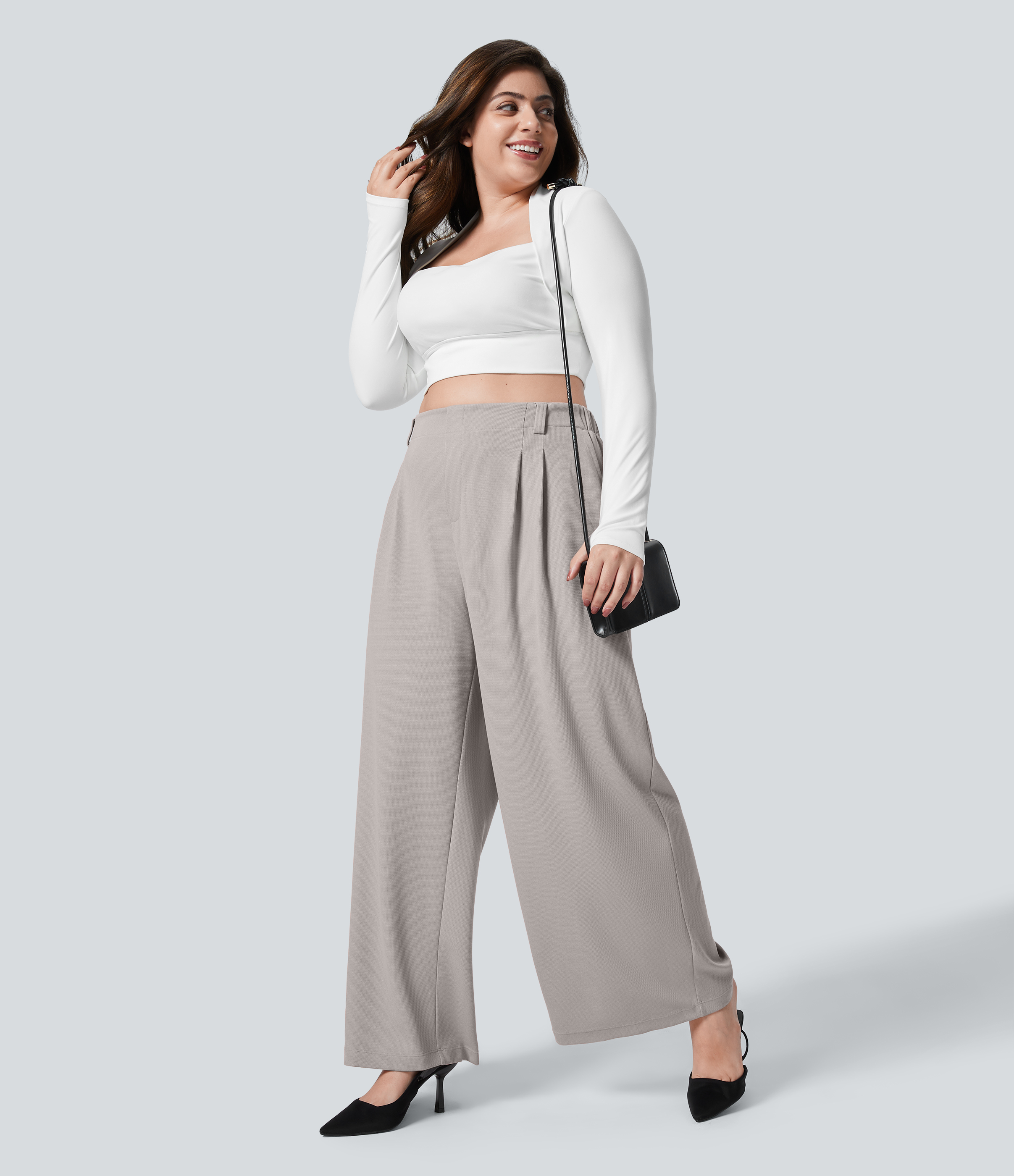High Waisted Pocket Wide Leg Waffle Work Plus Size Pants