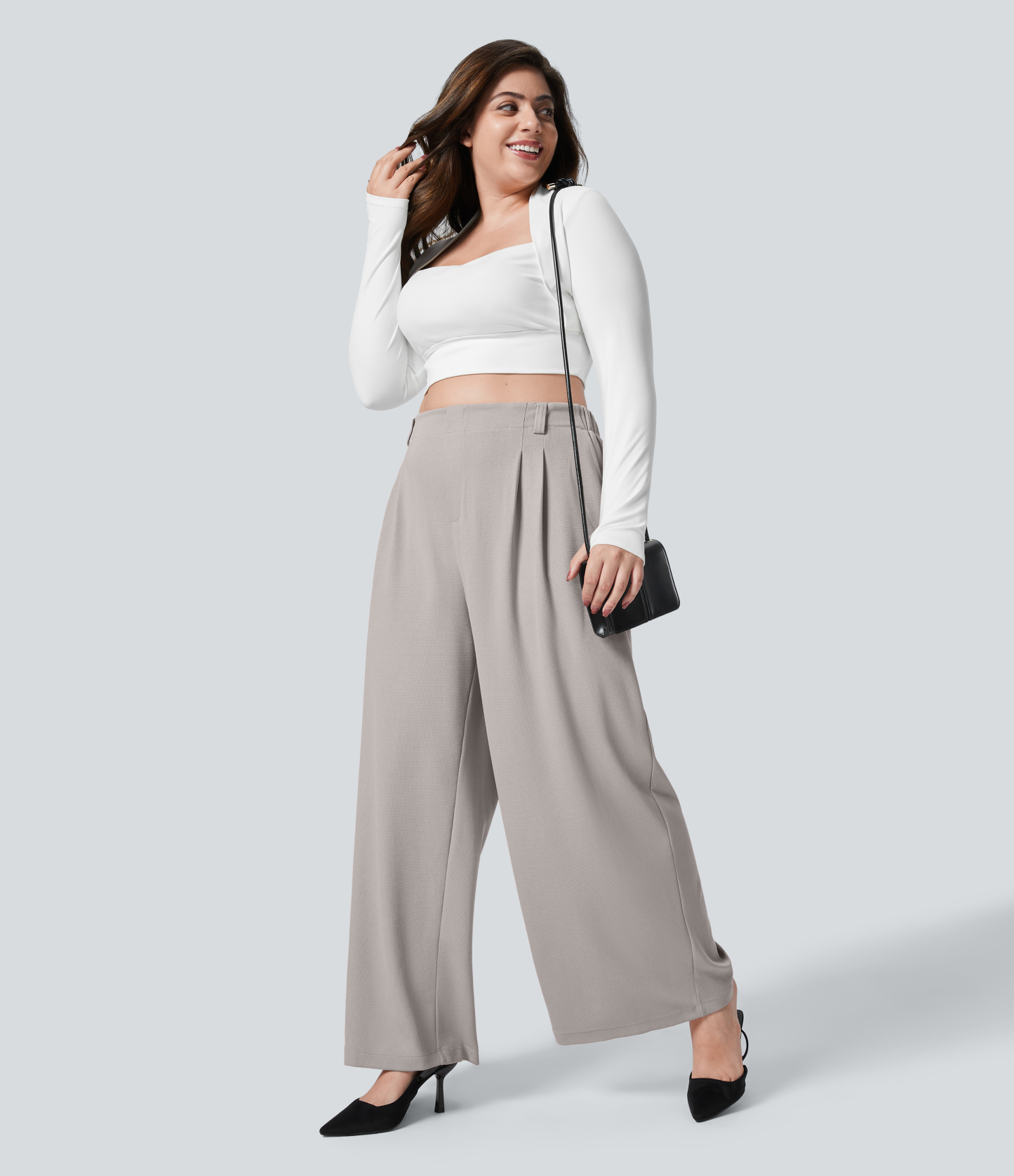 High Waisted Pocket Wide Leg Waffle Work Plus Size Pants