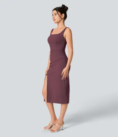 V-neck Short-sleeve Pocket Lace-up Back Quick-drying Mid-length Casual Dress-extended