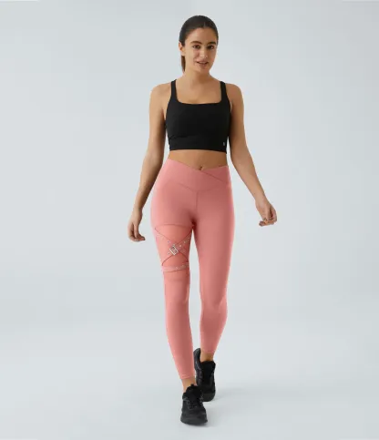 DayStretch High Waisted Crossover Contrast Mesh Decorative Buckle Yoga Leggings