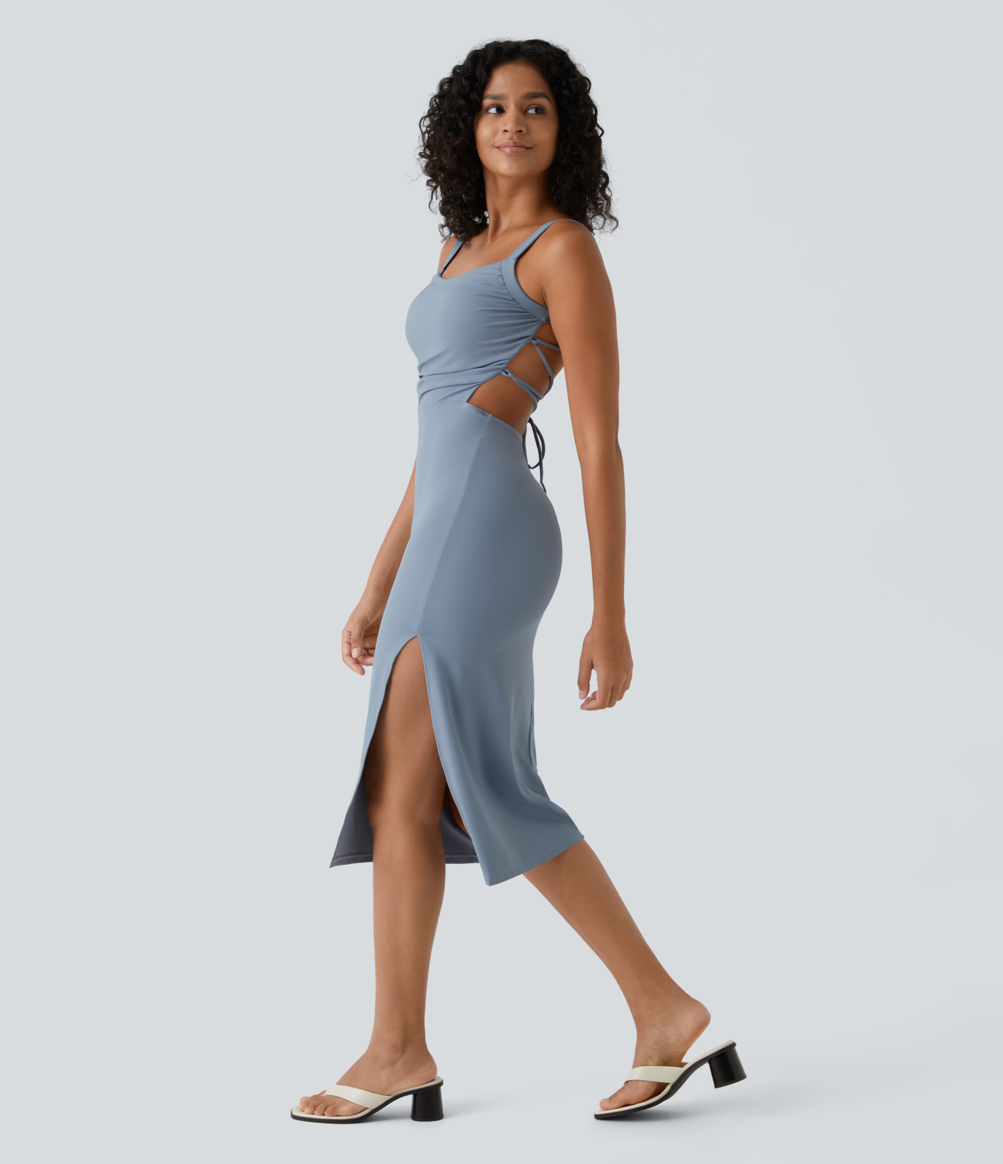 Ruched Lace Up Bodycon Midi Casual Dress
