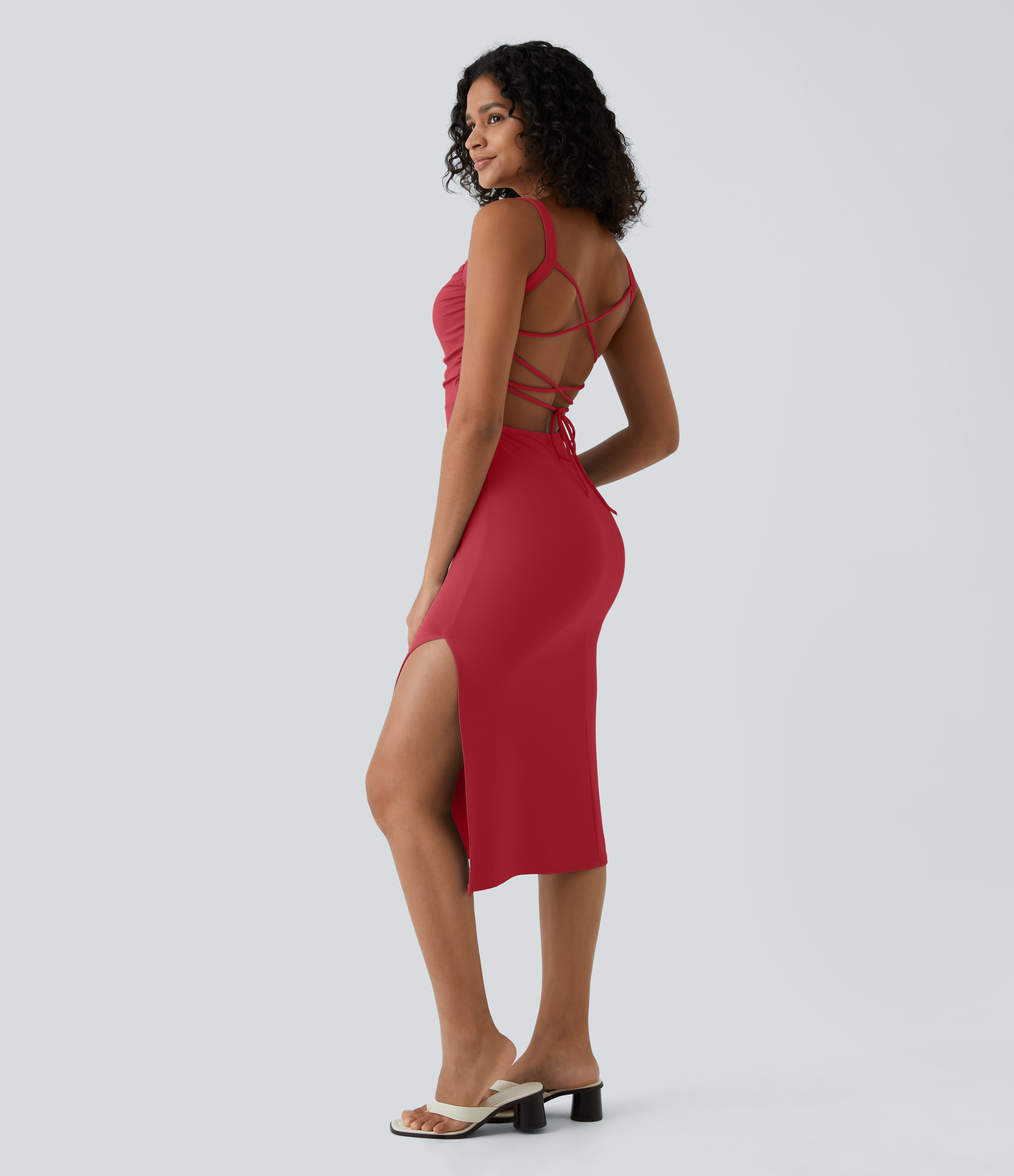 Ruched Lace Up Bodycon Midi Casual Dress