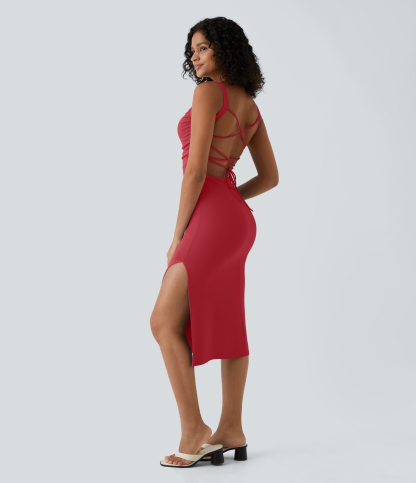 Ruched Lace Up Bodycon Midi Casual Dress