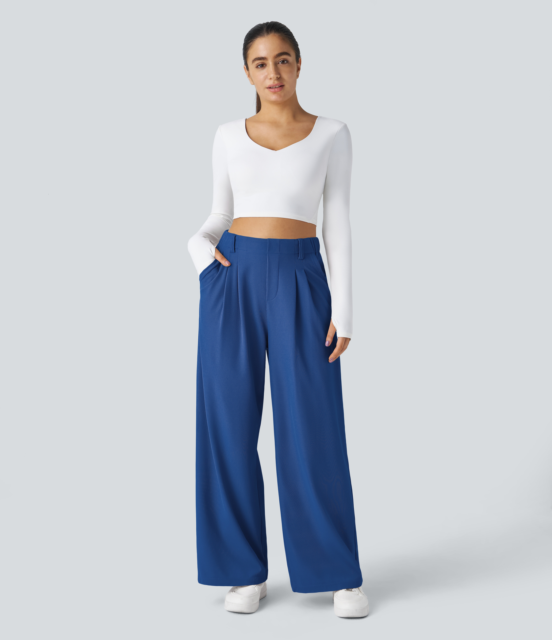 High Waisted Pocket Wide Leg Waffle Work Pants