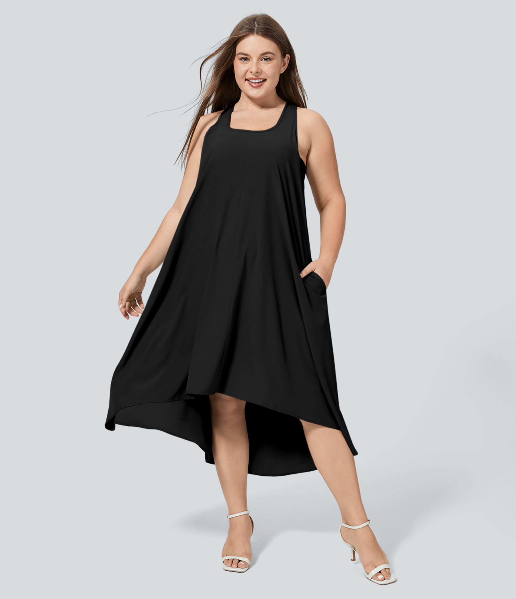 RacerPocket High Low Flowy Midi Quick Dry Casual Plus Size Dress