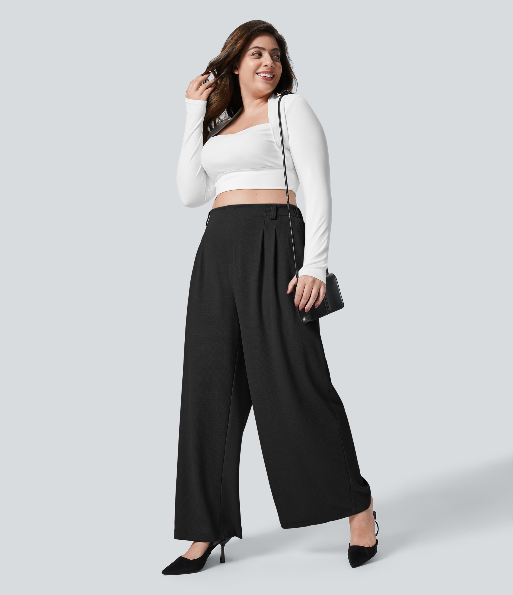 High Waisted Pocket Wide Leg Waffle Work Plus Size Pants