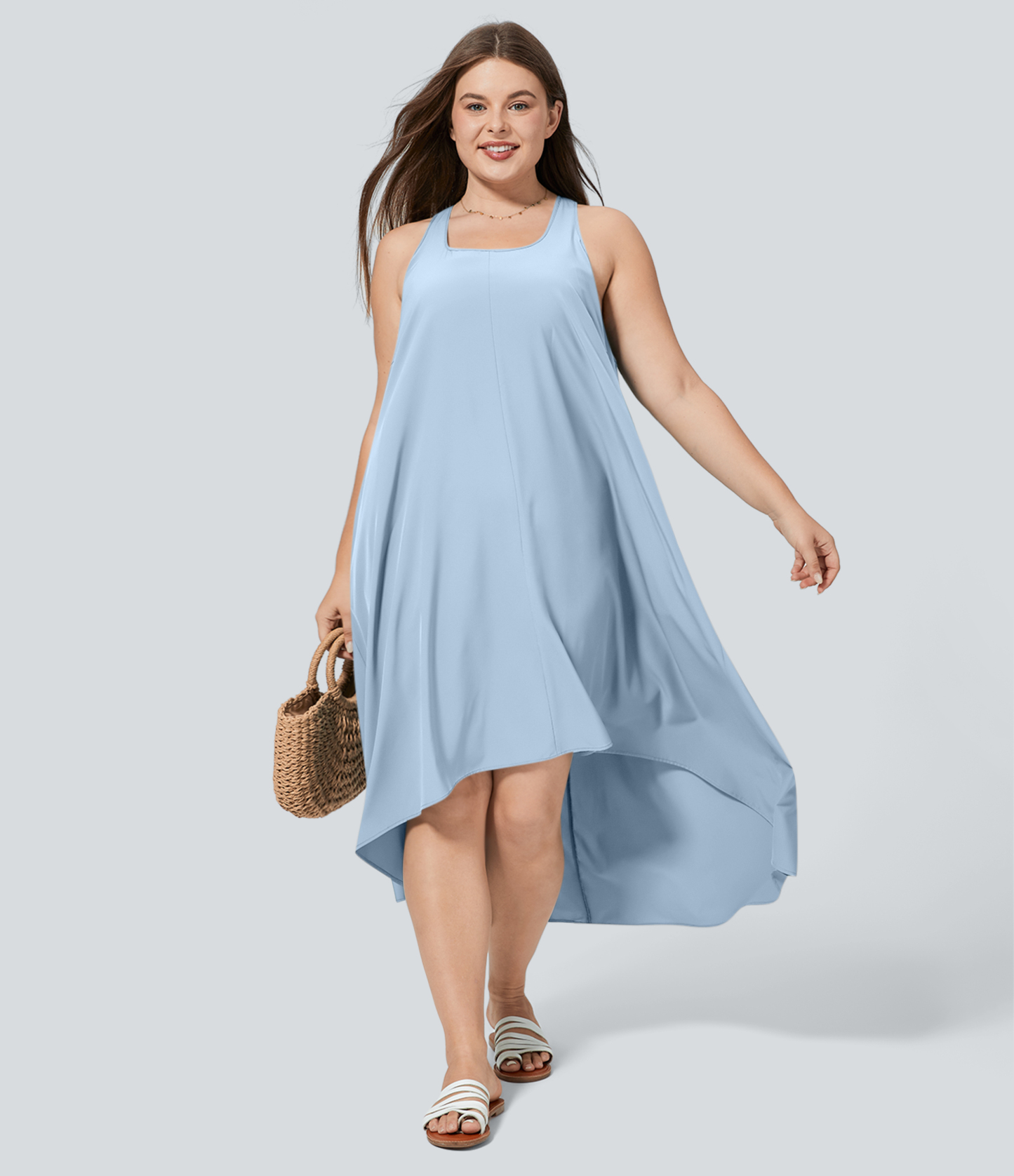 RacerPocket High Low Flowy Midi Quick Dry Casual Plus Size Dress