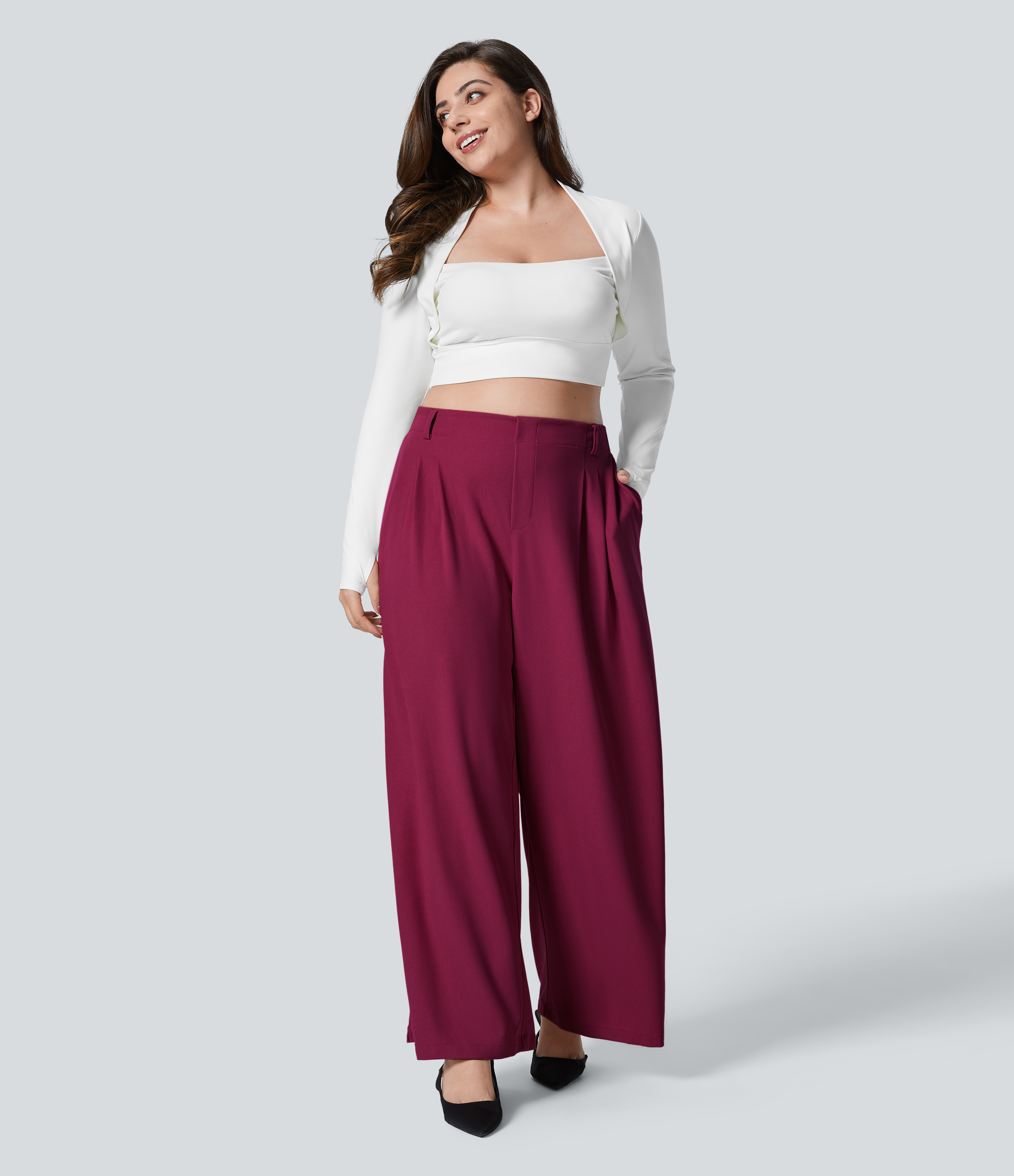 High Waisted Pocket Wide Leg Waffle Work Plus Size Pants