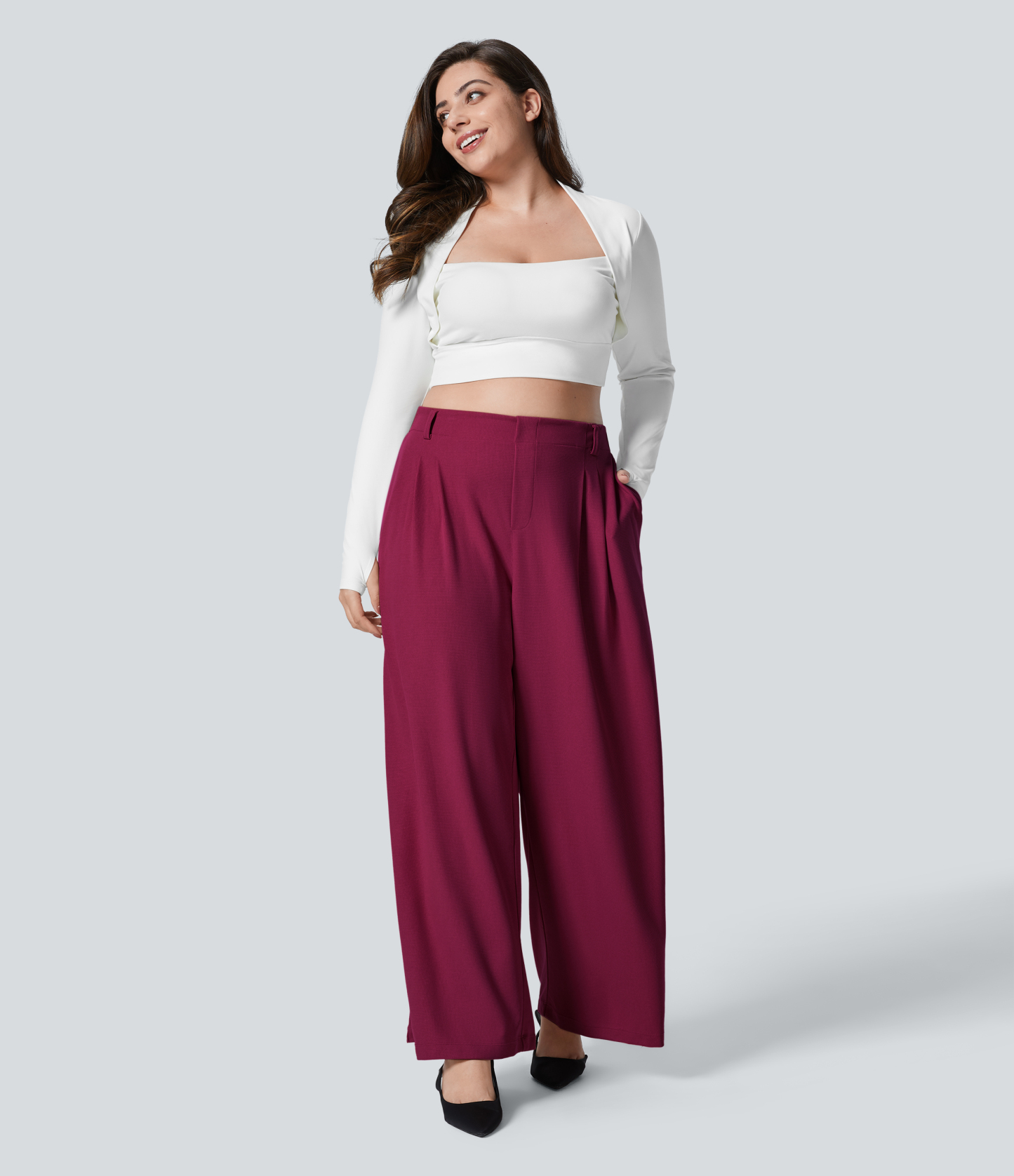 High Waisted Pocket Wide Leg Waffle Work Plus Size Pants