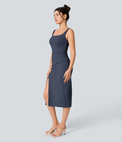 V-neck Short-sleeve Pocket Lace-up Back Quick-drying Mid-length Casual Dress-extended