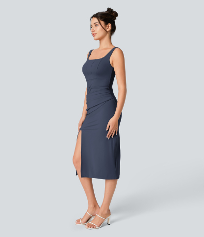 Airy Square Neck Backless Corset Ruched Split Bodycon Midi Cool Touch Bridesmaid and Wedding Guest Dress