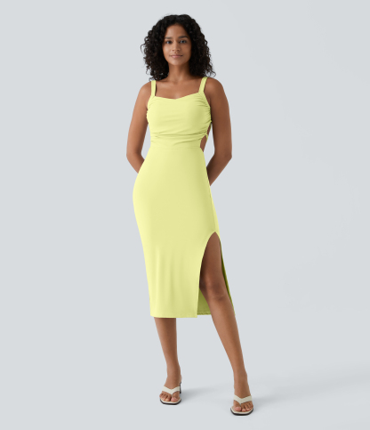 Ruched Lace Up Bodycon Midi Casual Dress