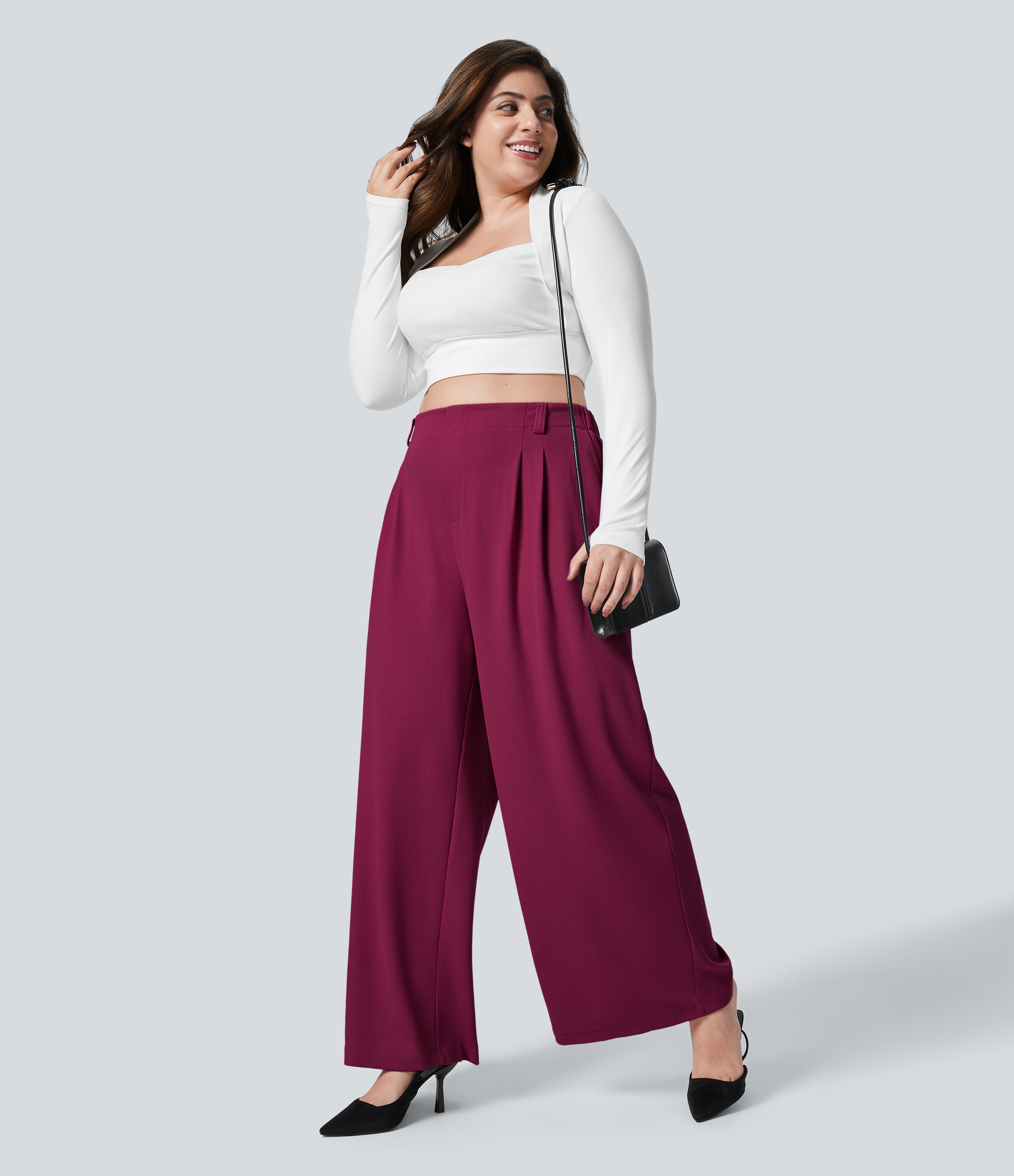 High Waisted Pocket Wide Leg Waffle Work Plus Size Pants
