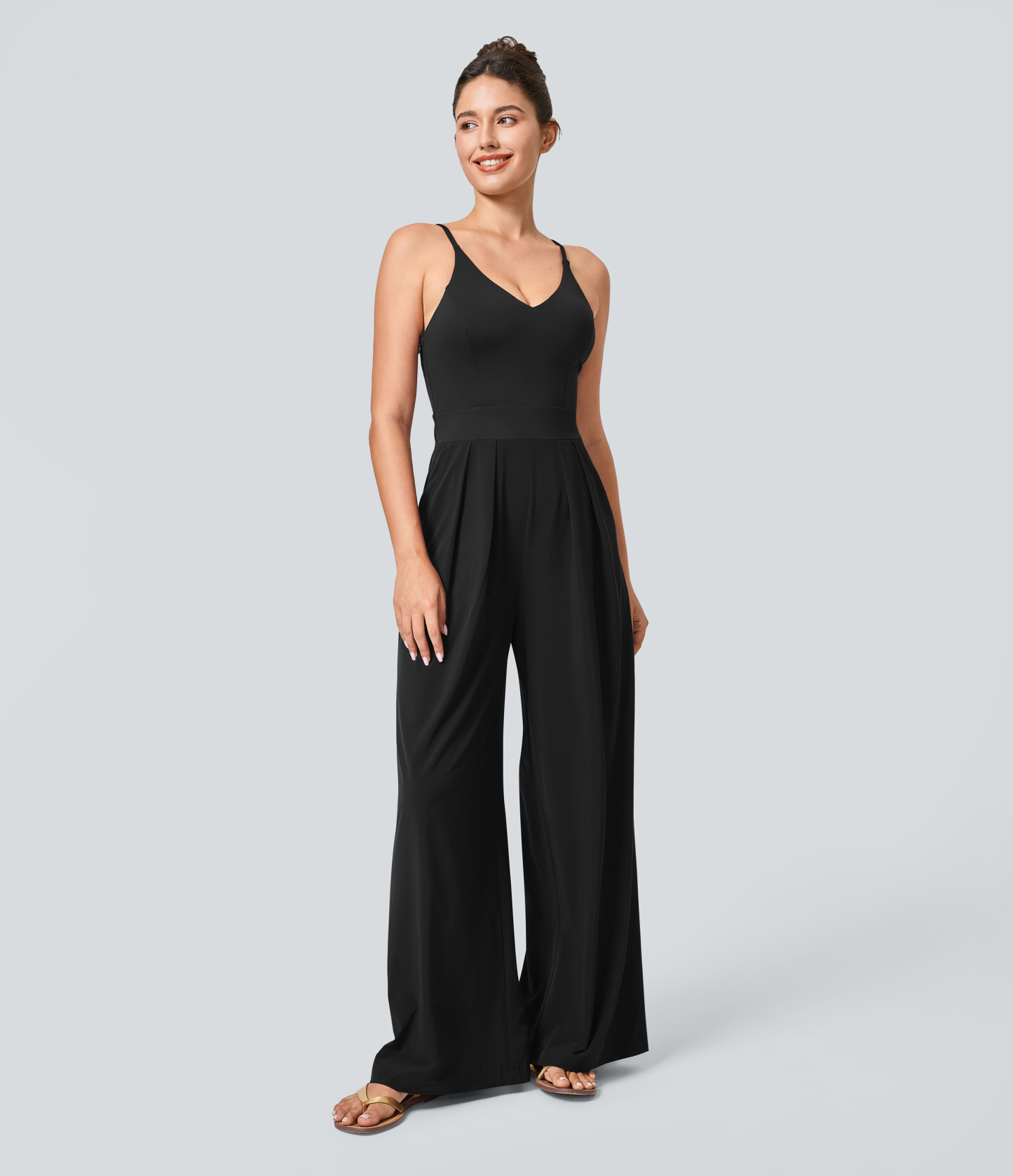 Backless Side Invisible Zipper Pocket Wide Leg Quick Dry Resort Slip Jumpsuit