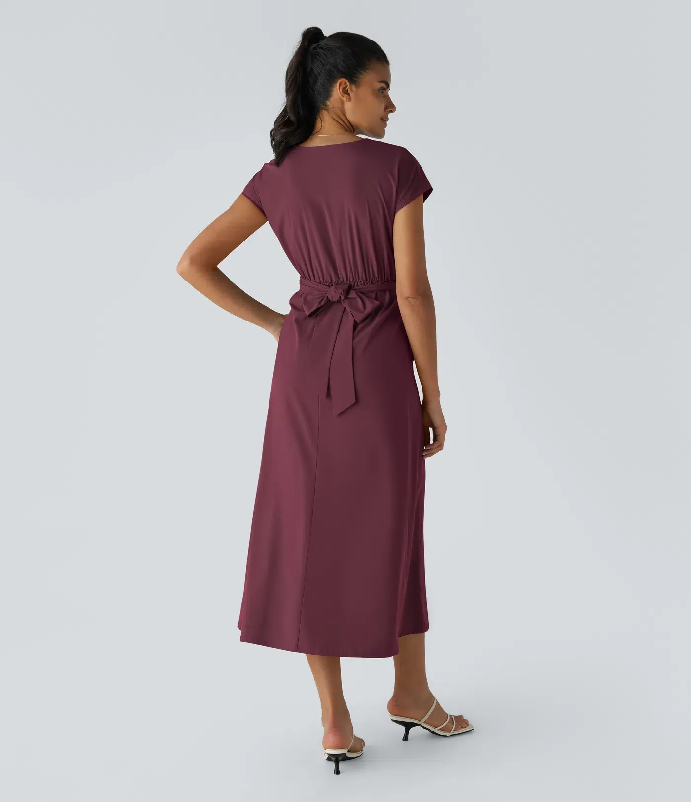 V-neck Short-sleeve Pocket Lace-up Back Quick-drying Mid-length Casual Dress-extended