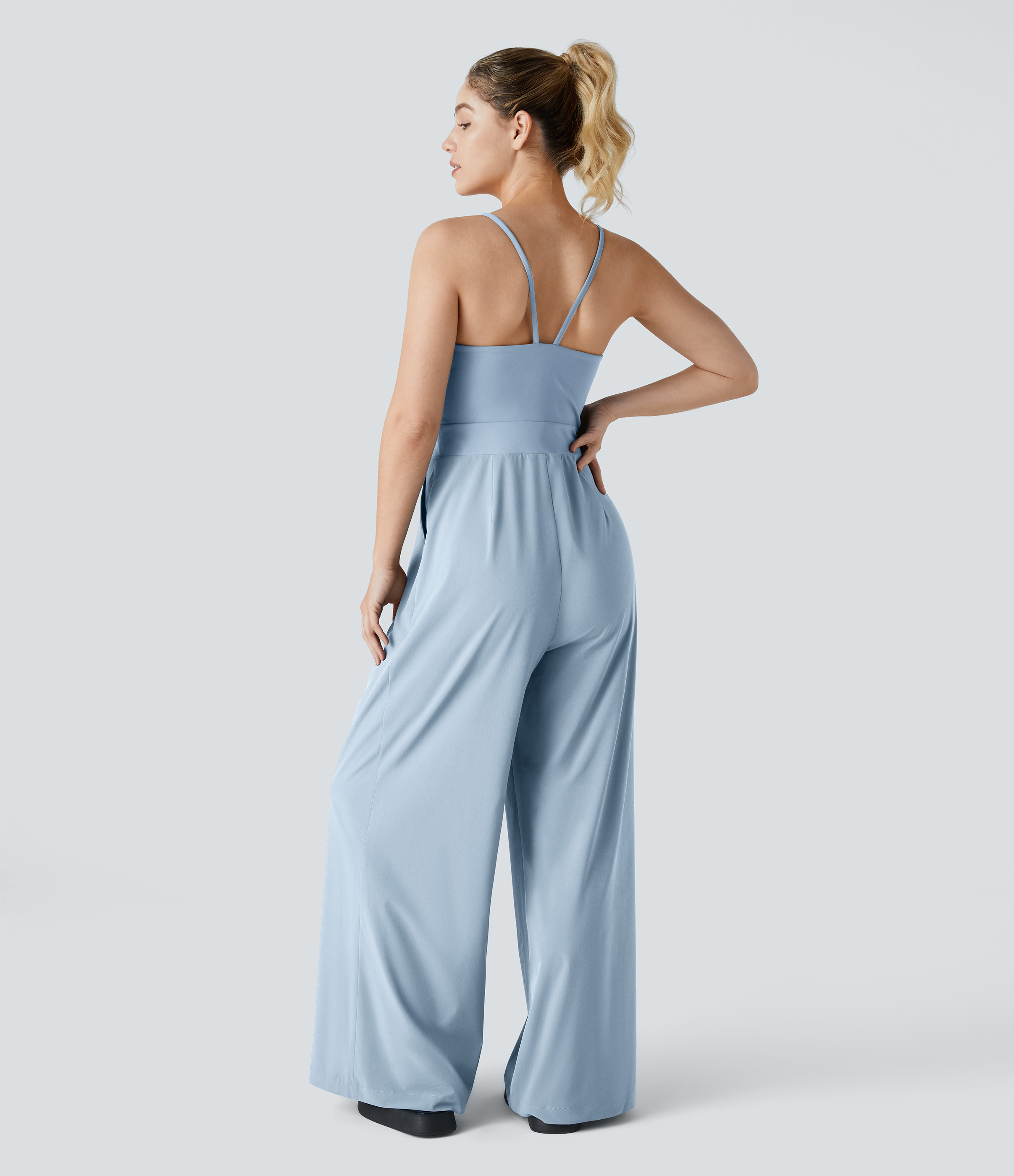 Backless Side Invisible Zipper Pocket Wide Leg Quick Dry Resort Slip Jumpsuit