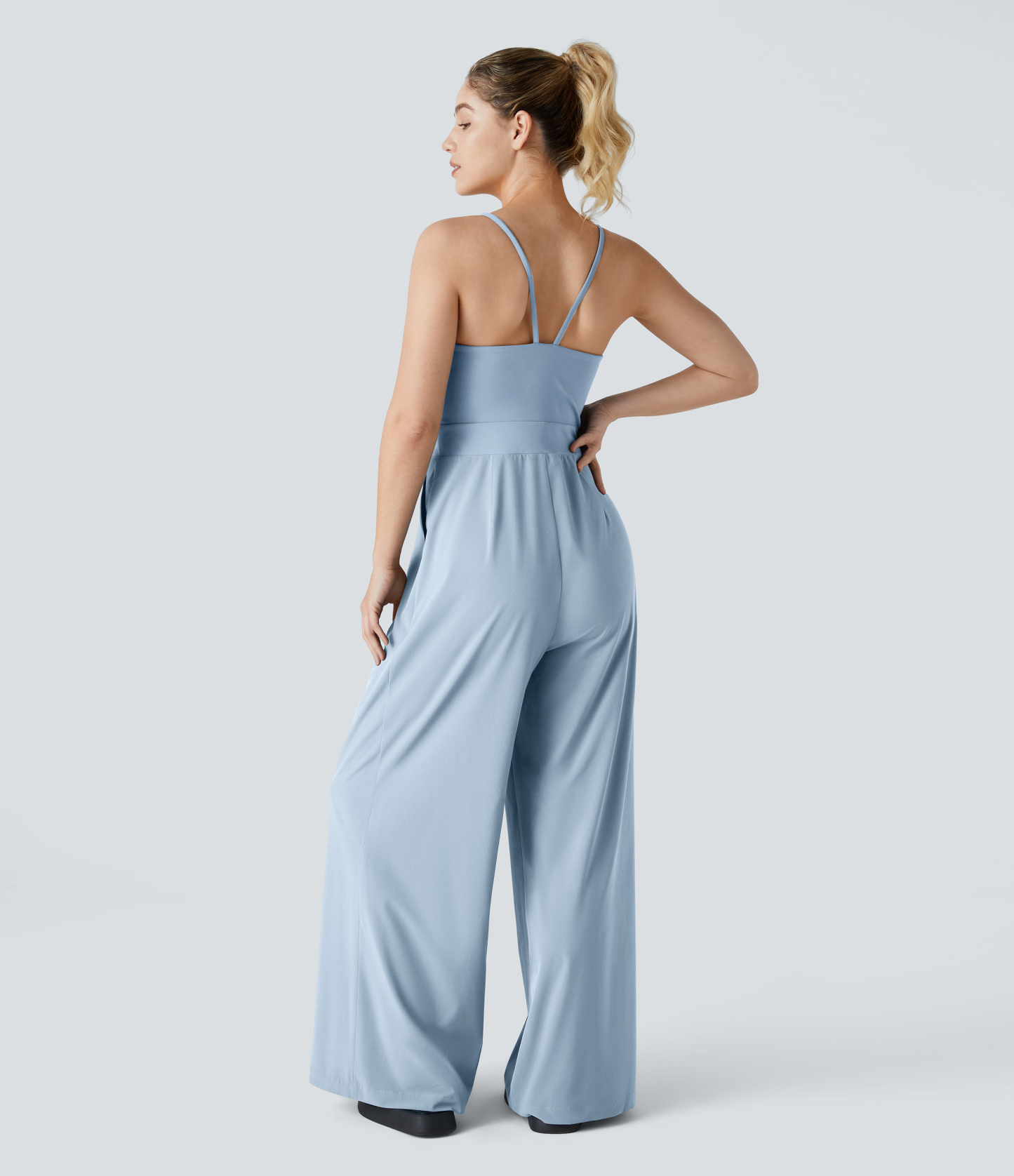 Backless Side Invisible Zipper Pocket Wide Leg Quick Dry Resort Slip Jumpsuit