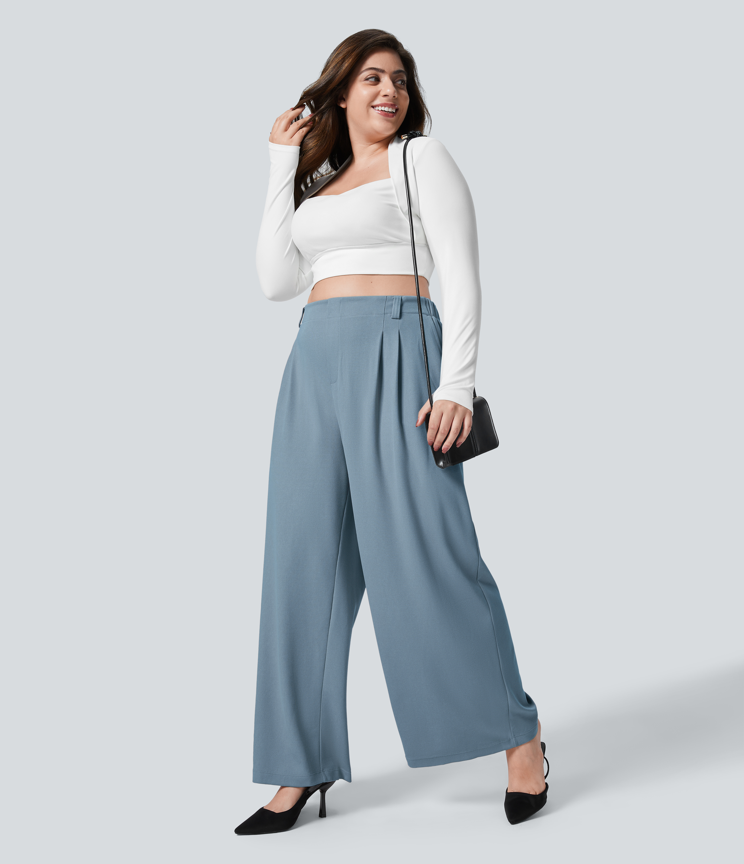 High Waisted Pocket Wide Leg Waffle Work Plus Size Pants