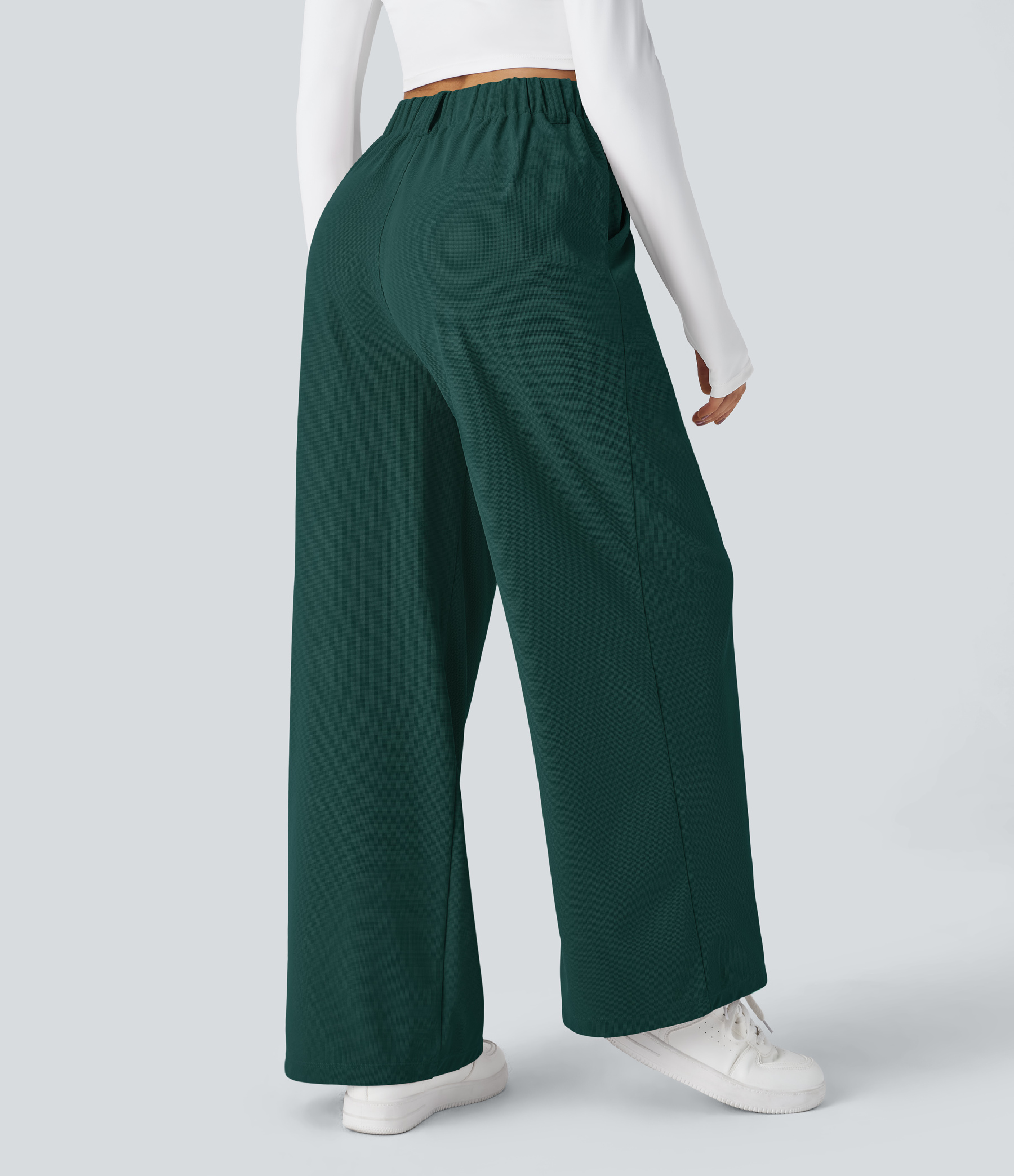 High Waisted Pocket Wide Leg Waffle Work Pants