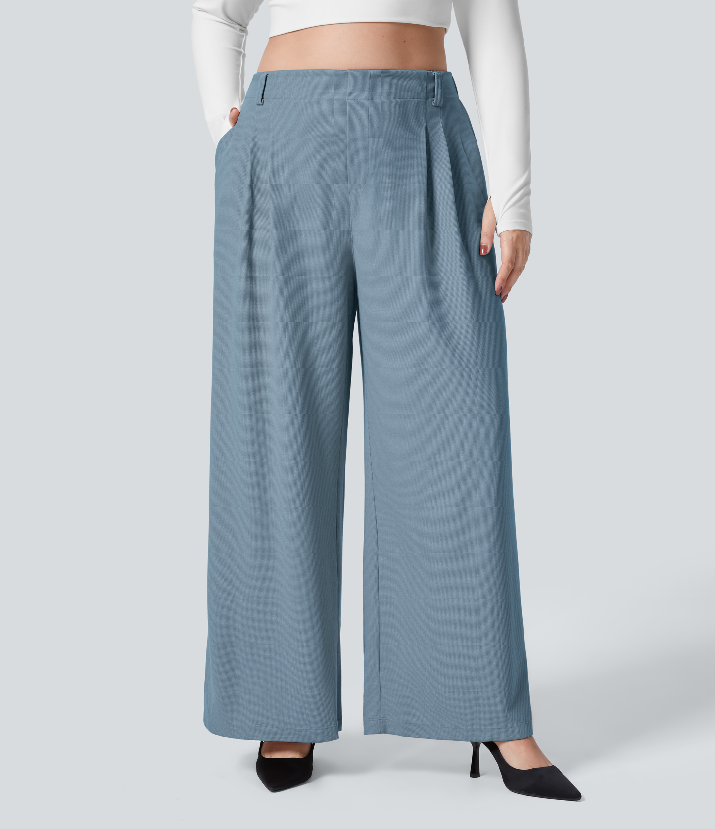 High Waisted Pocket Wide Leg Waffle Work Plus Size Pants