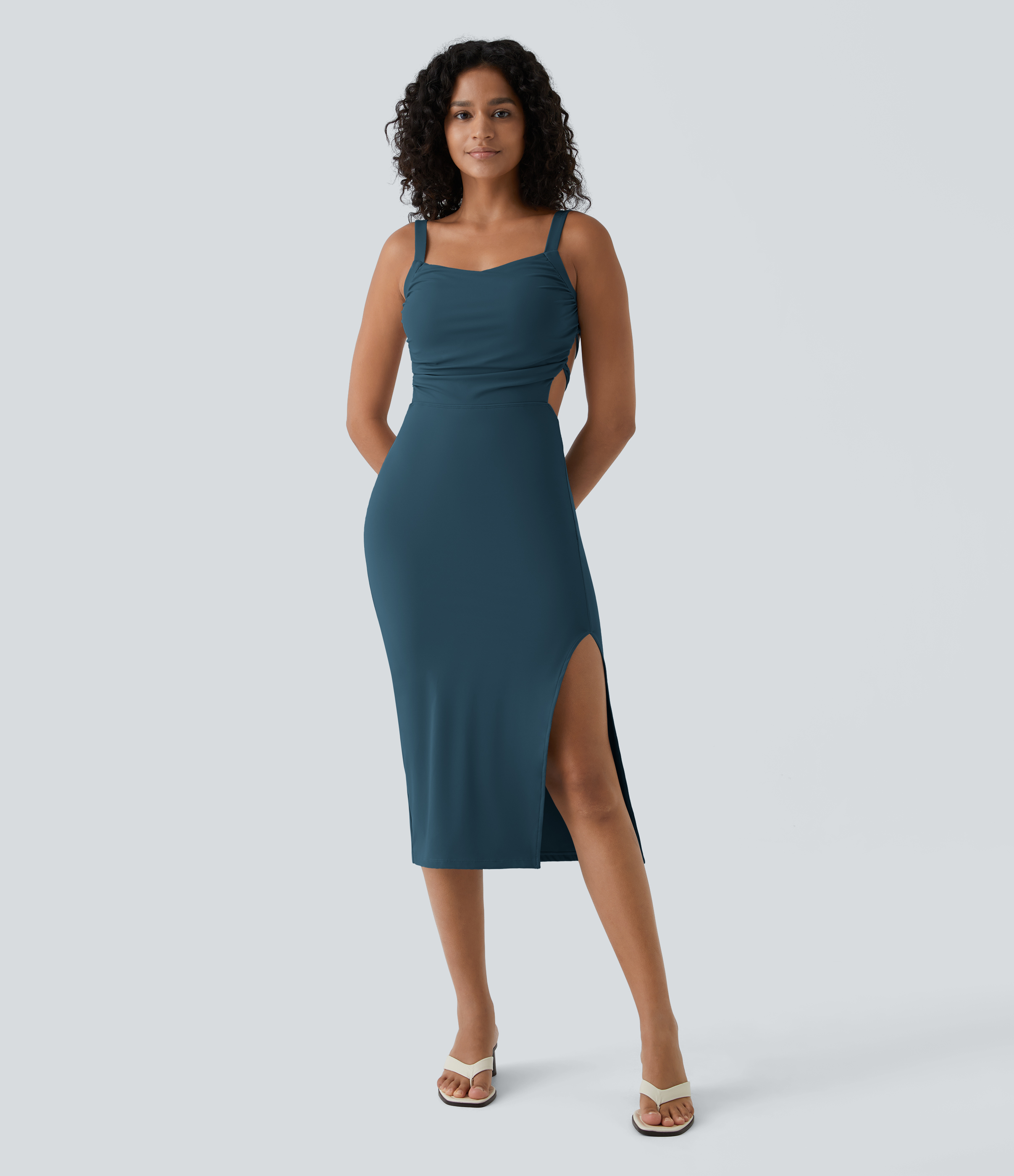 Ruched Lace Up Bodycon Midi Casual Dress