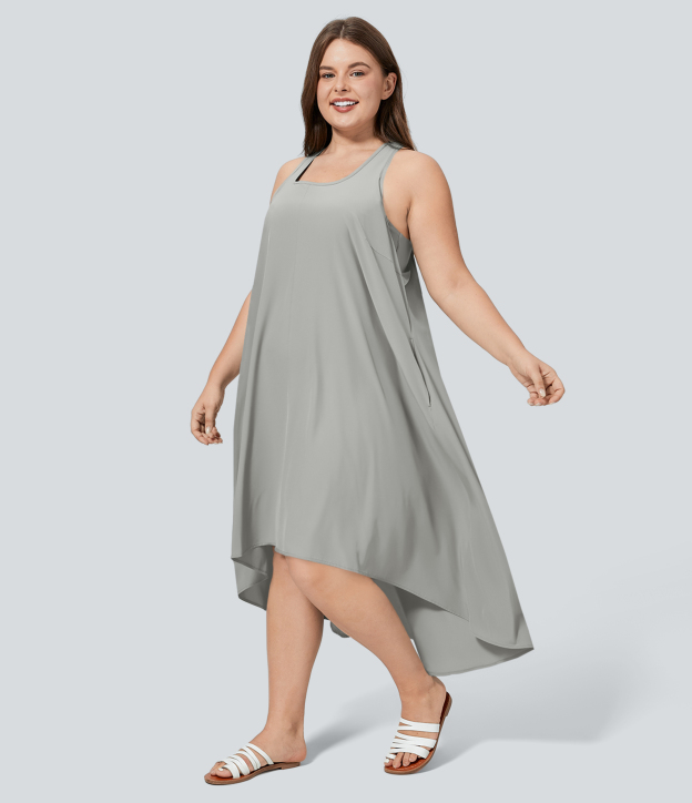 RacerPocket High Low Flowy Midi Quick Dry Casual Plus Size Dress
