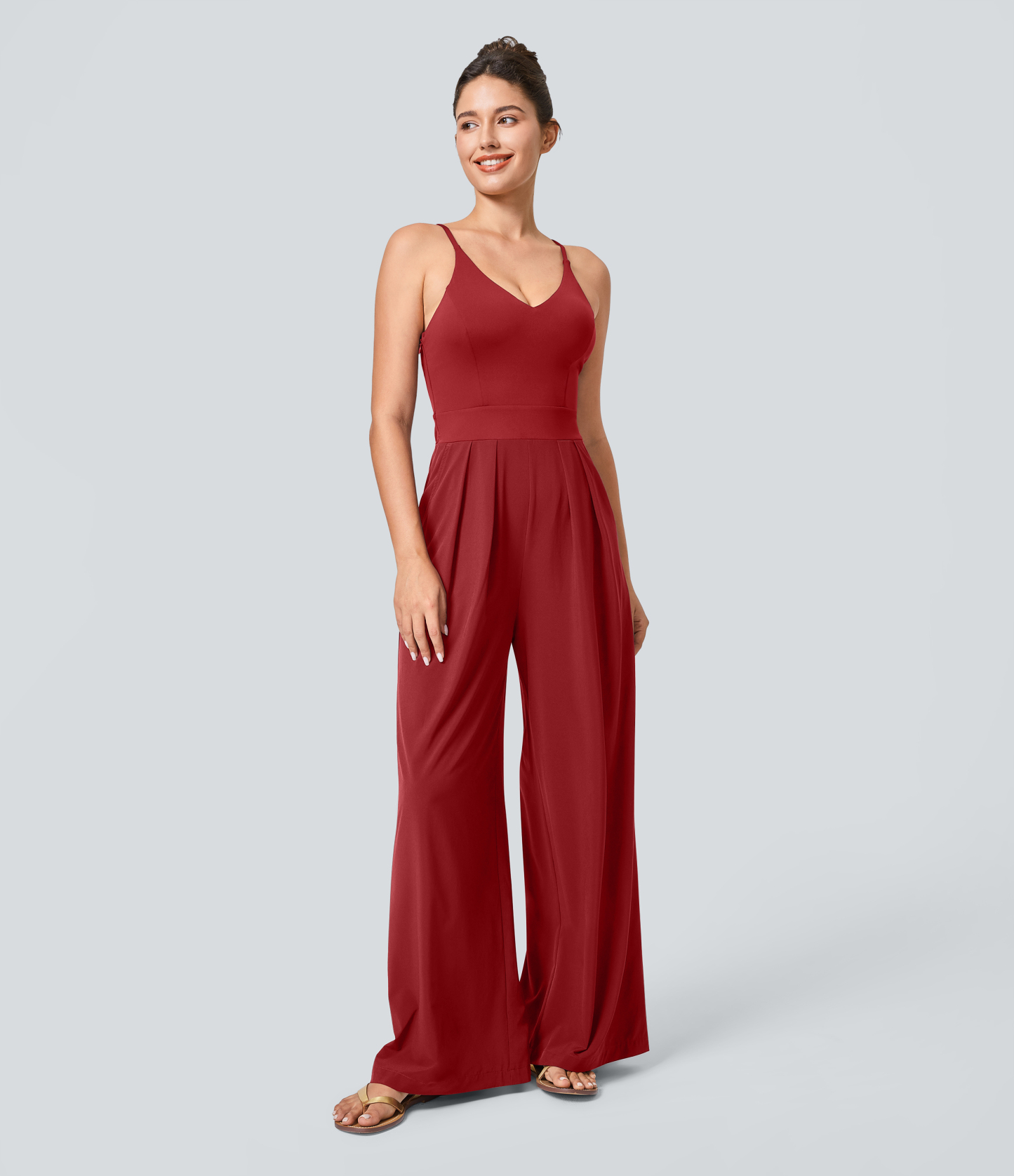 Backless Side Invisible Zipper Pocket Wide Leg Quick Dry Resort Slip Jumpsuit