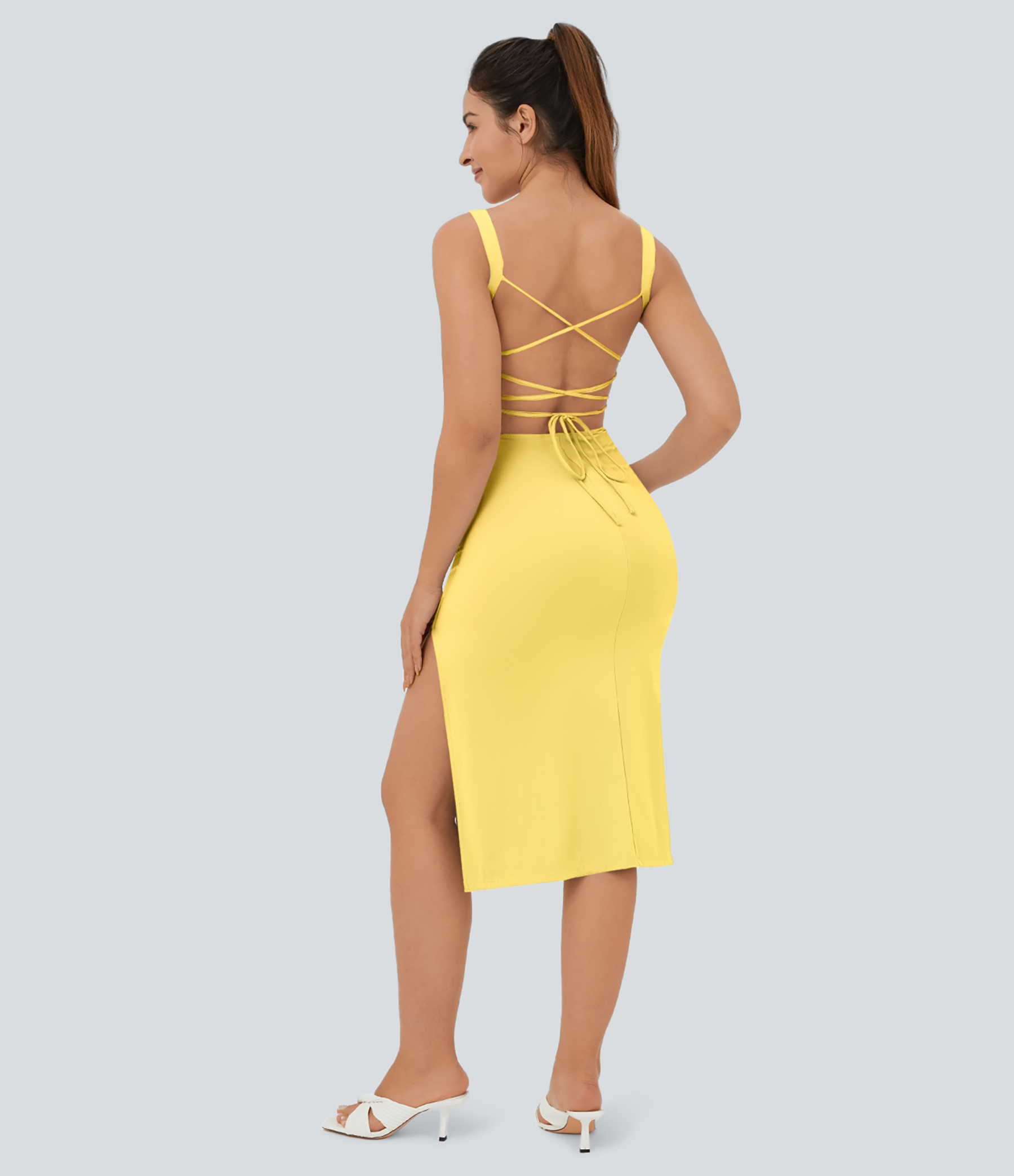 Ruched Lace Up Bodycon Midi Casual Dress