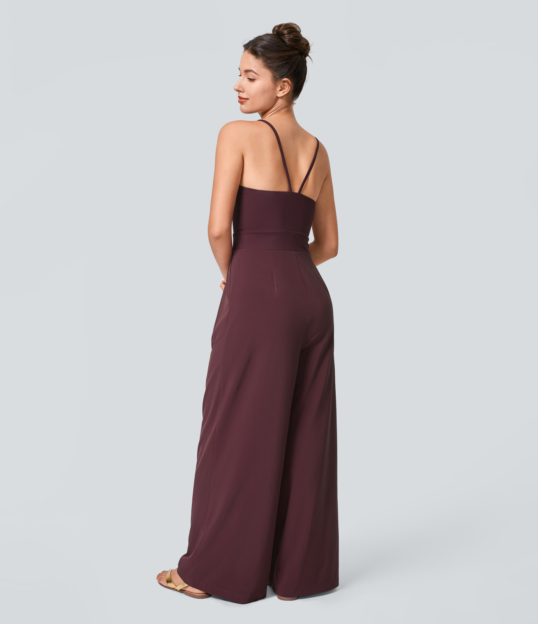 Backless Side Invisible Zipper Pocket Wide Leg Quick Dry Resort Slip Jumpsuit