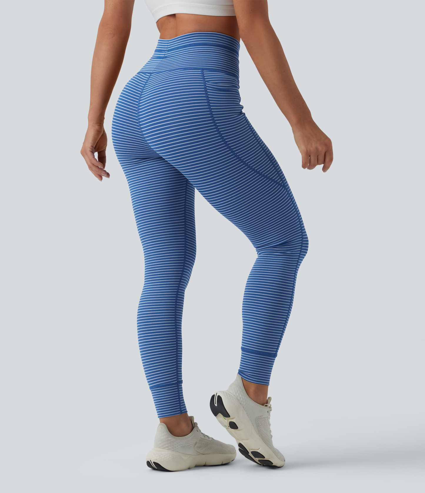 High Waisted Drawstring Striped Yoga Leggings with Pockets