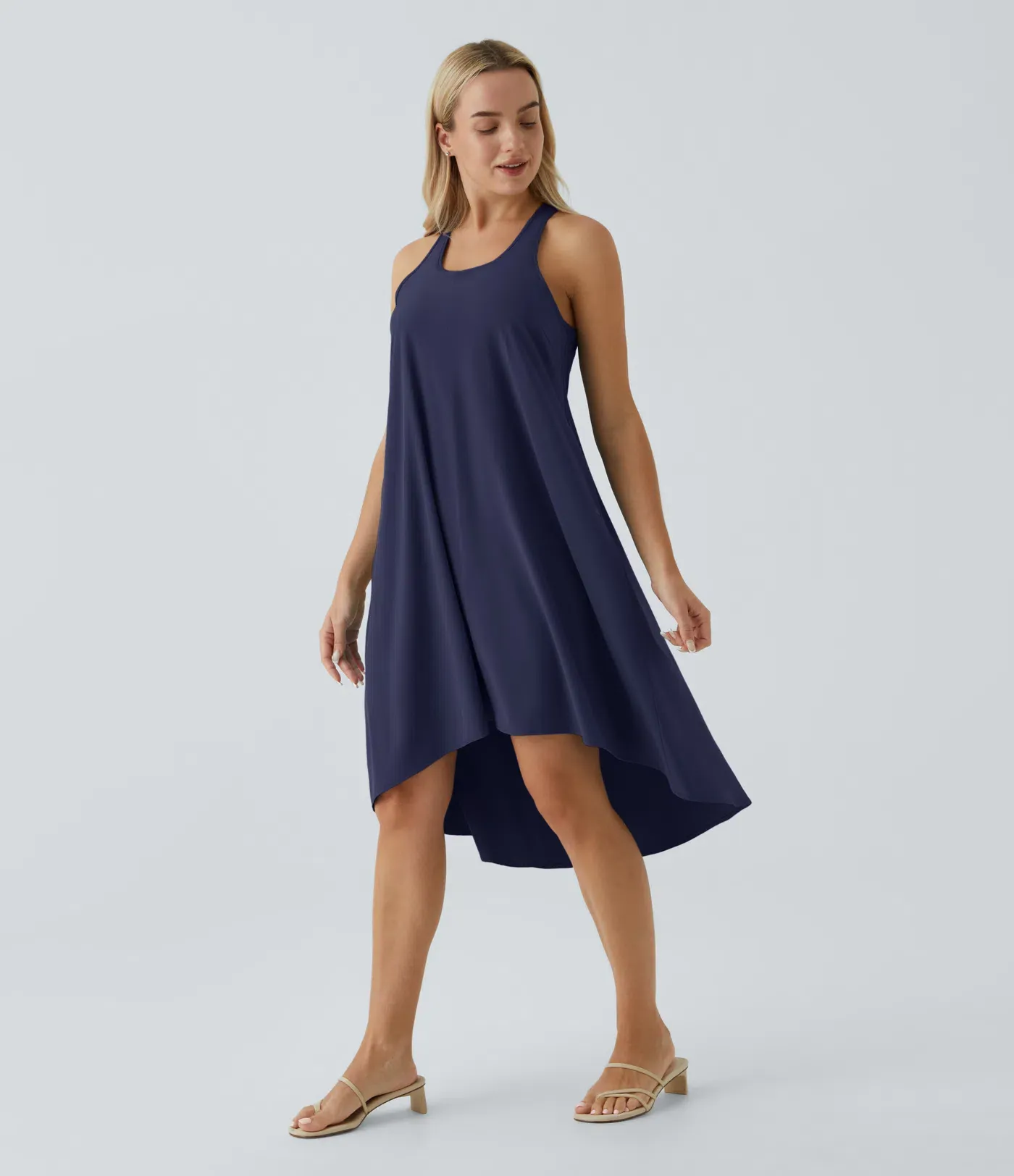 Backless Side-Pocket High-Low Hem Flowy Mid-Length Quick-Drying Casual Dress