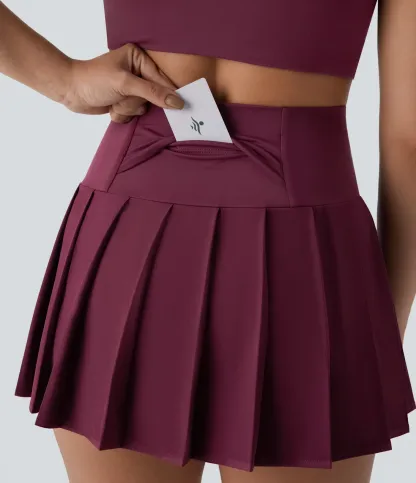 High Waisted Pleated 2-in-1 Side & Pocket Asymmetric Hem Quick Dry Mini Dance Skirt