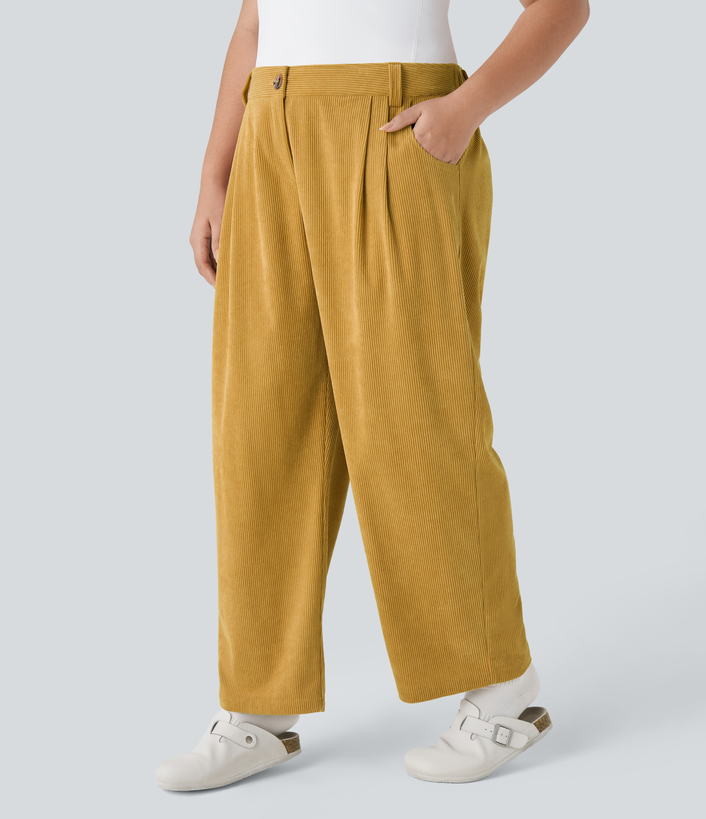 Mid Rise Zipper Pocket Plus Size Corduroy Casual Pants