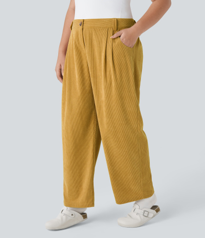 Mid Rise Zipper Pocket Plus Size Corduroy Casual Pants