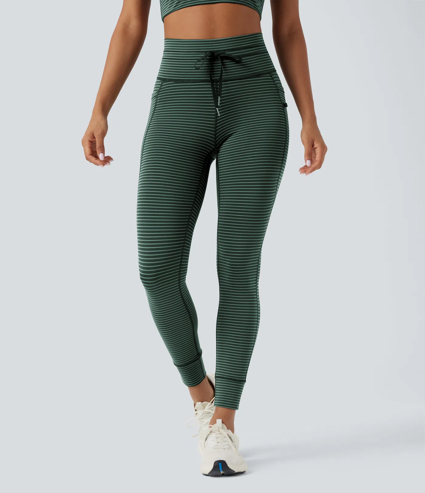 High Waisted Drawstring Striped Yoga Leggings with Pockets