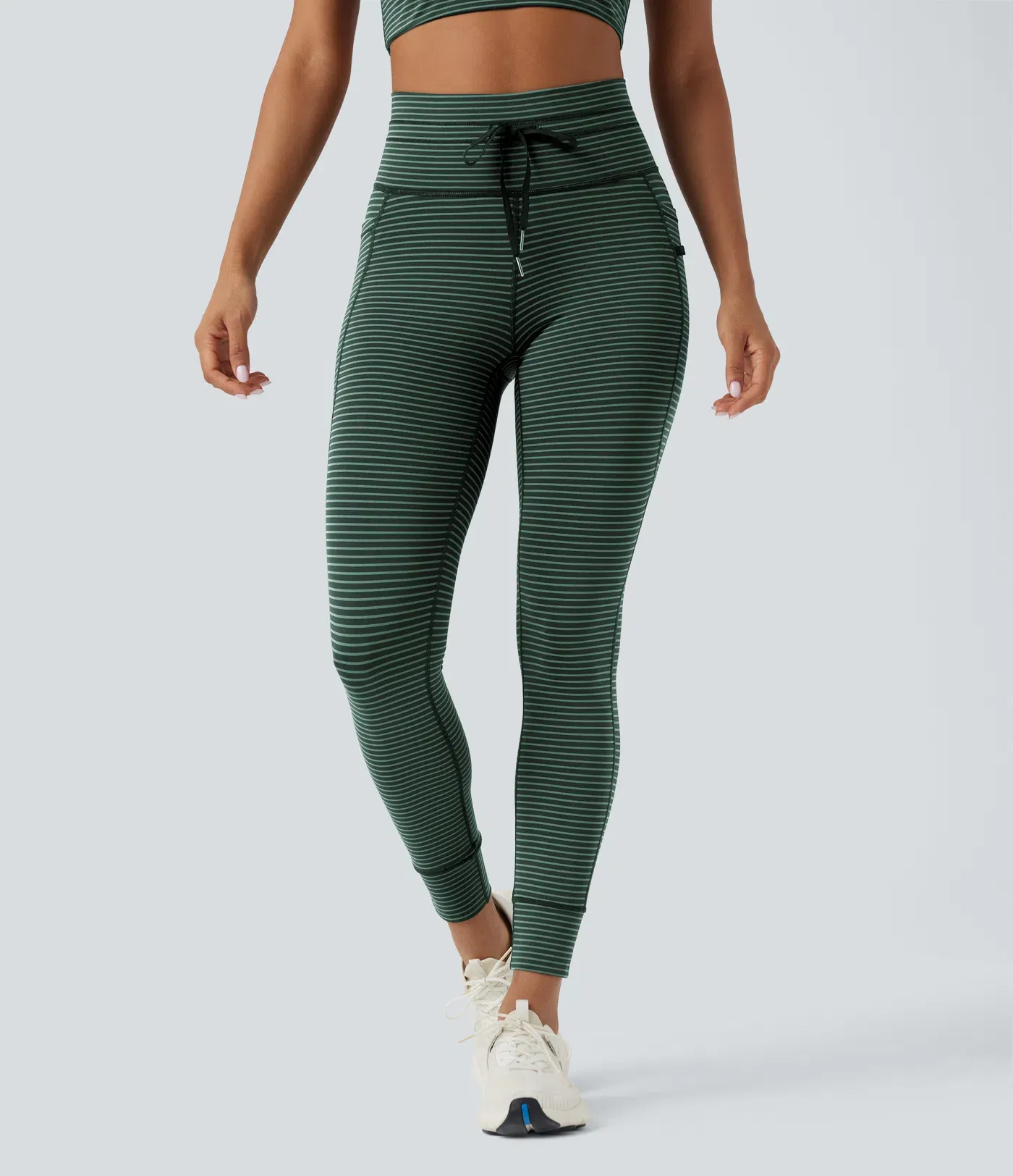 High Waisted Drawstring Striped Yoga Leggings with Pockets