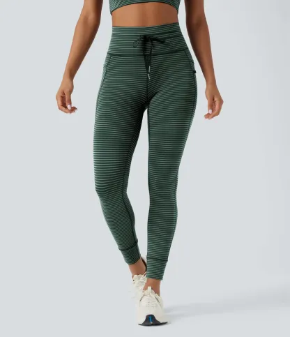 High Waisted Drawstring Striped Yoga Leggings with Pockets