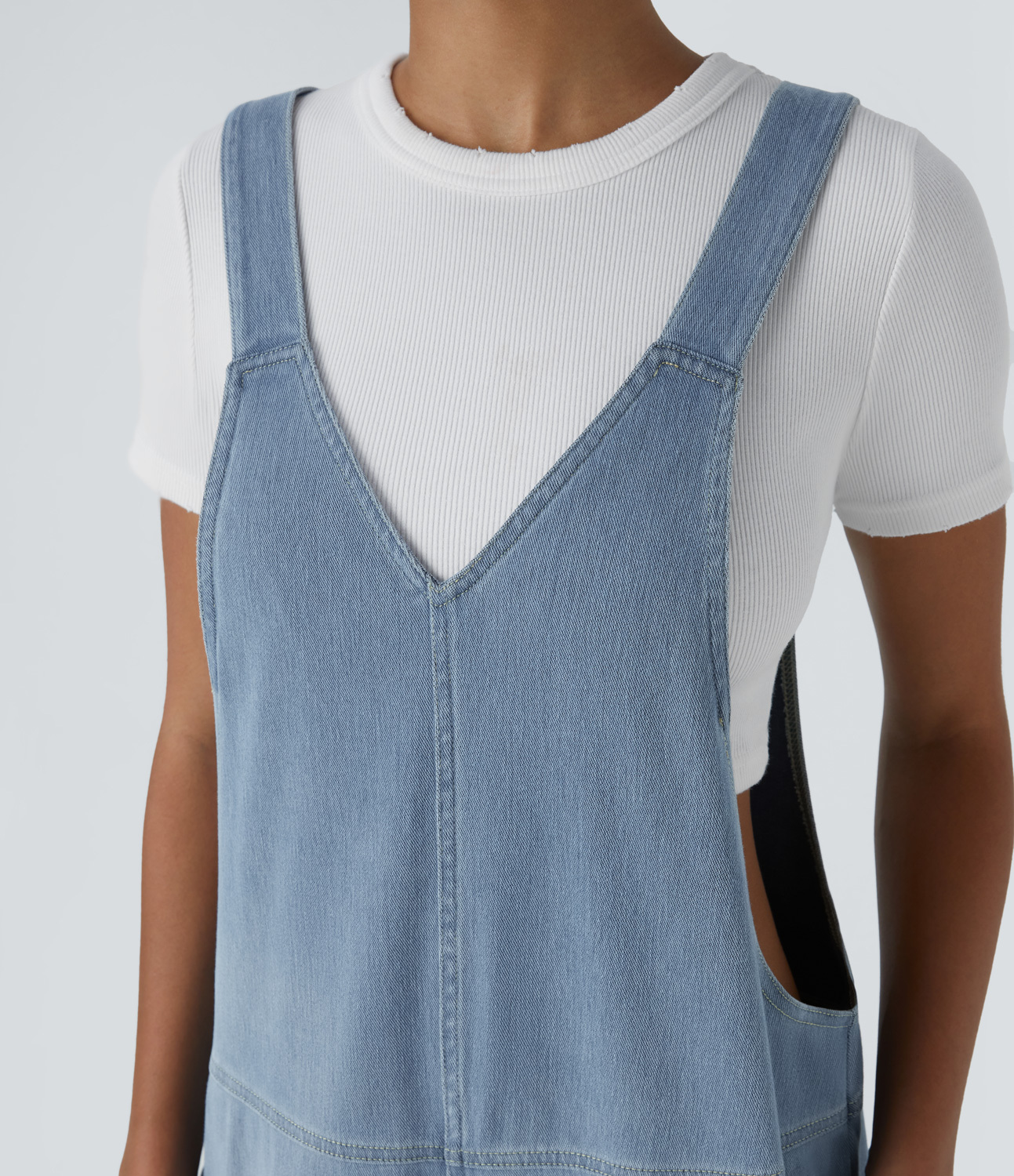 V Neck Pocket Washed Denim Casual Overalls