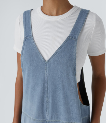 V Neck Pocket Washed Denim Casual Overalls